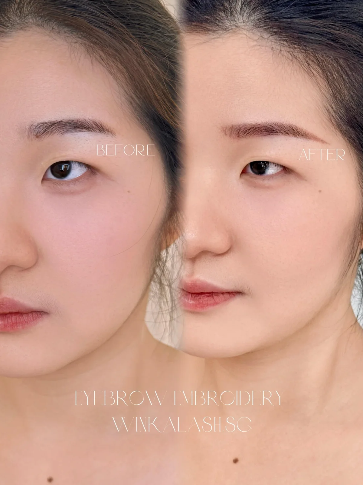 Powder Ombre Brows before and after: before on the left and after on the right, at Winkalashes By Rebecca